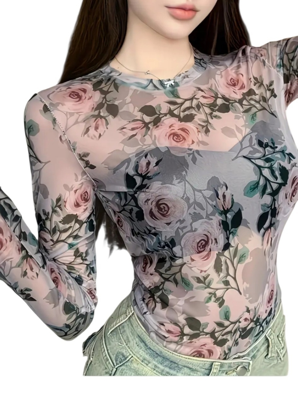Floral Sheer Long-Sleeve Tee - Pink Rose